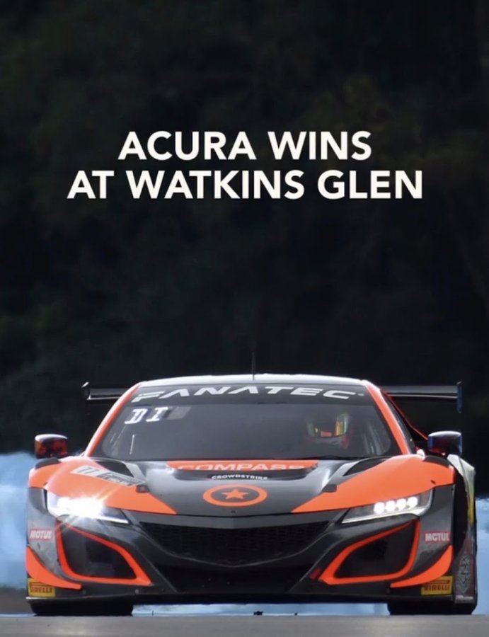 Team graphic reading Acura wins at Watkins Glen over the NSX GT3 at speed
