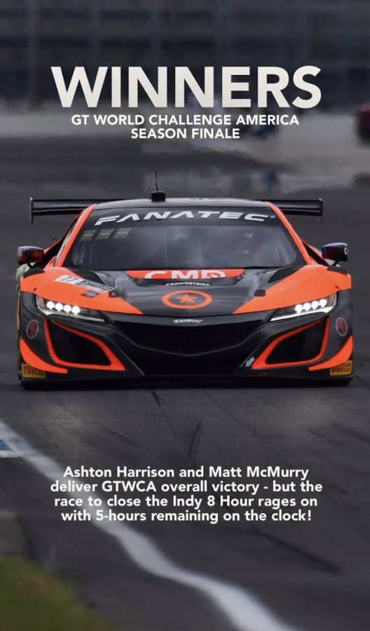 Team graphic reading WINNERS over an Acura NSX GT3 head-on, marking a GT World Challenge America season-finale overall victory