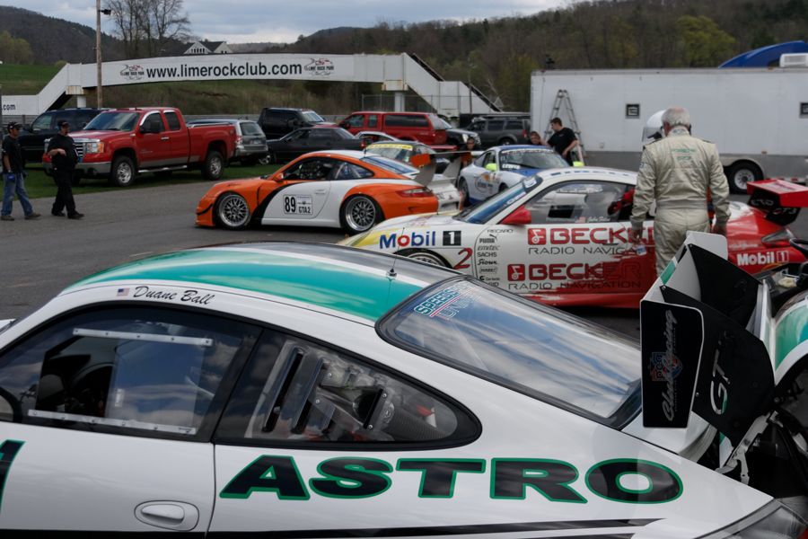 Porsche GT3 Cup cars gathered in the Lime Rock paddock