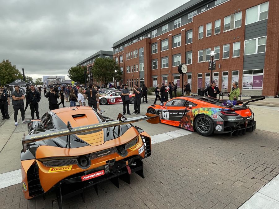 McLaren 720S GT3 and NSX GT3 Evo on a downtown street display