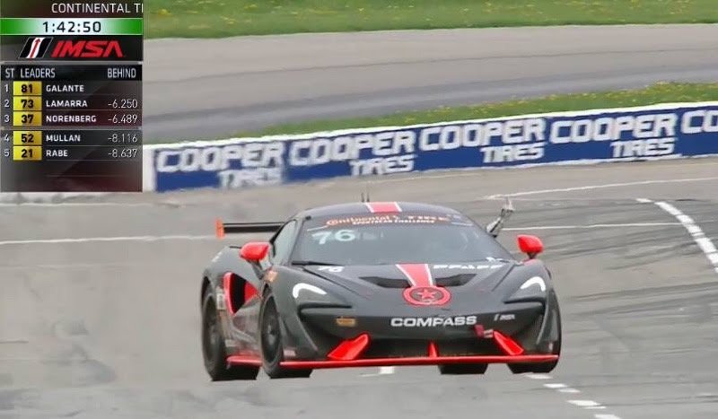 TV broadcast frame of the number 76 McLaren GT4 on track with the IMSA timing tower on screen