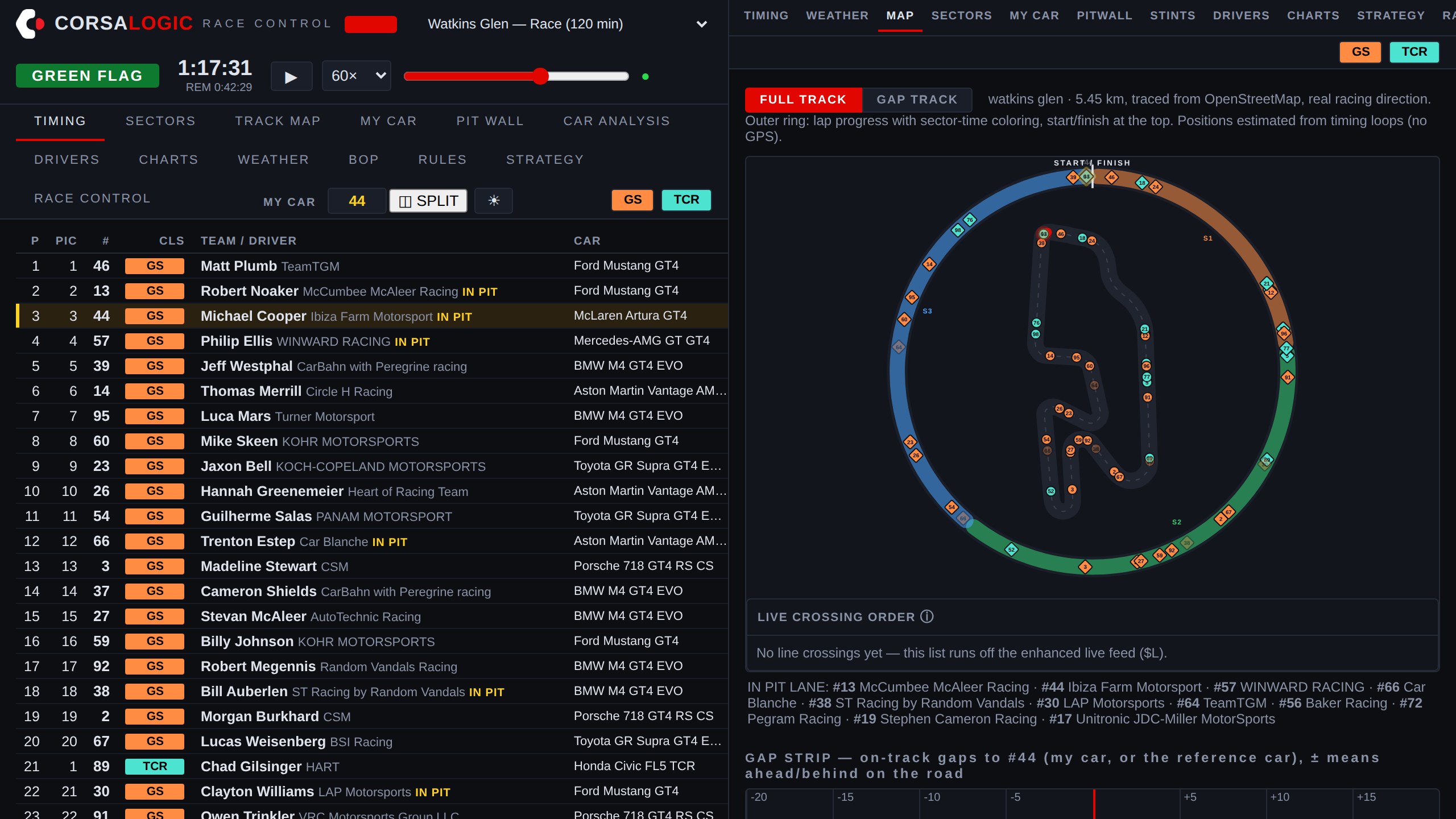 Split view: live timing on the left half of the screen with the track map docked on the right half